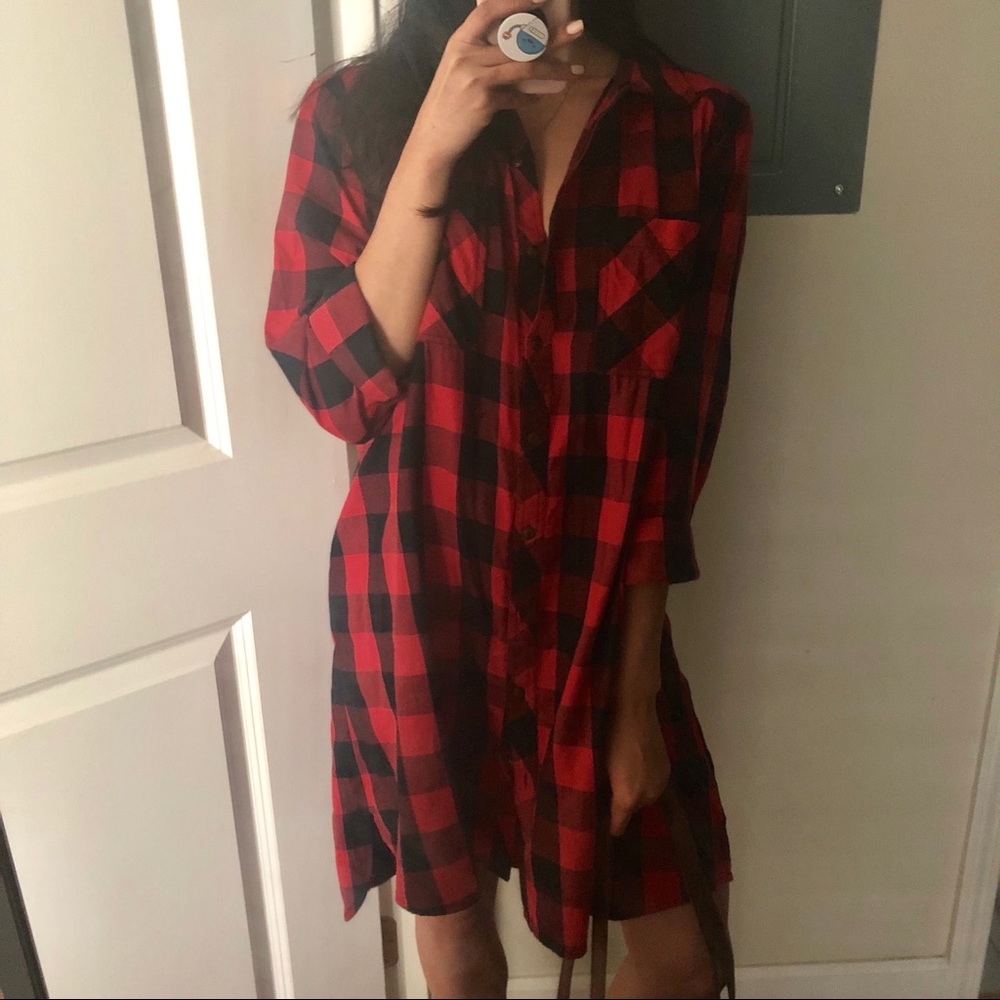 Caslon Plaid Long Shirt Dress Red and Black